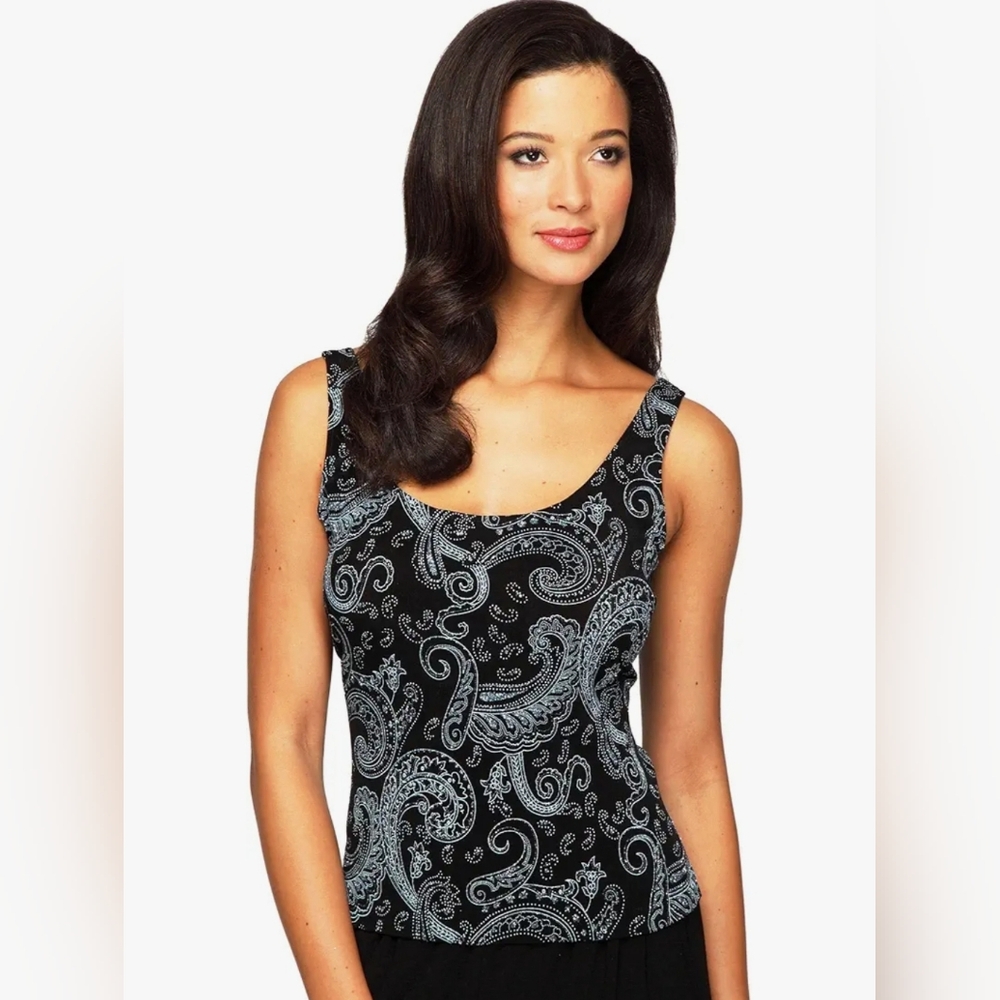 NWT Alex Evenings Black & Metallic Blue Glitter Paisley Tank Top